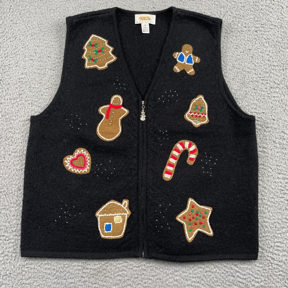 Talbots Vest Womens M Black Gingerbread Holiday Wool Zip Up Christmas Petite